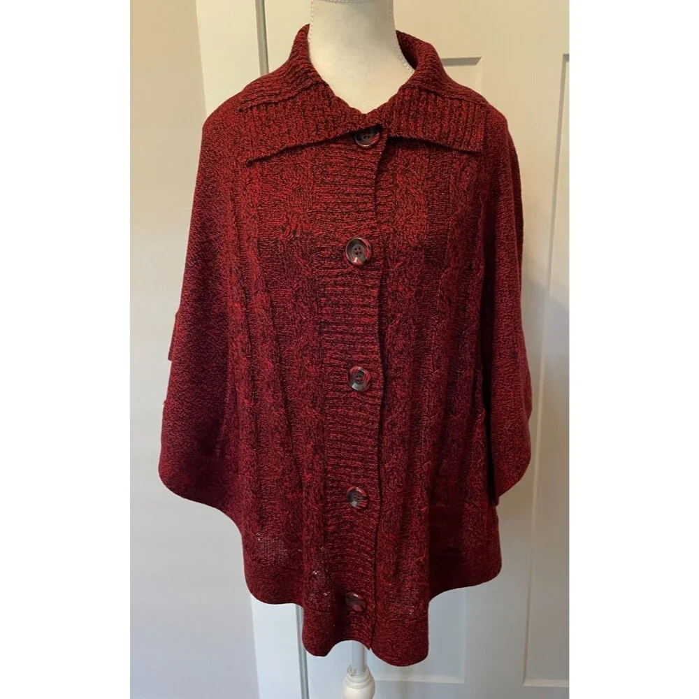 CHICOS Womens Poncho Cape Wrap CARDIGAN Red Black CHIANTI Size S/M NWT